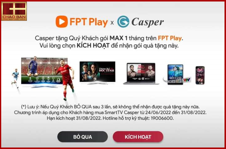 MUA TIVI CASPER - TẶNG GÓI KHUYẾN MÃI 1 THÁNG SỬ DỤNG FPT MIỄN PHÍ  