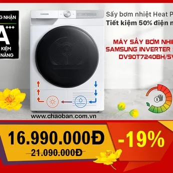 Máy sấy bơm nhiệt Samsung Inverter 9 Kg DV90T7240BH/SV