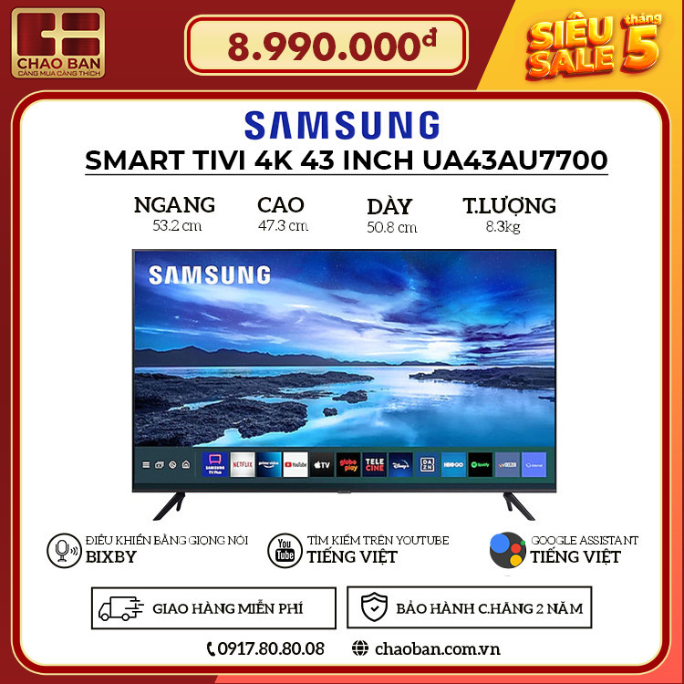Smart Tivi Crystal UHD 4K Samsung 43 Inch UA43AU7700