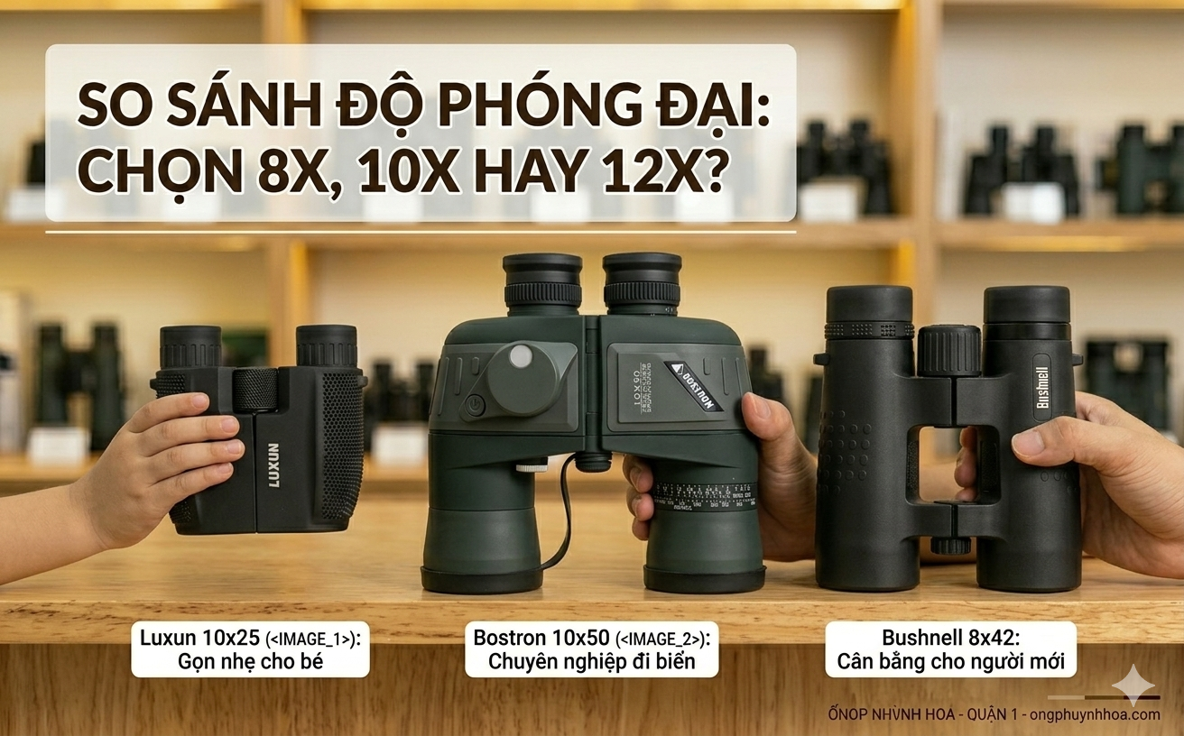 Bảng so sánh độ phóng đại ống nhòm 8x 10x 12x cho người mới tại Ống Nhòm Sài Gòn