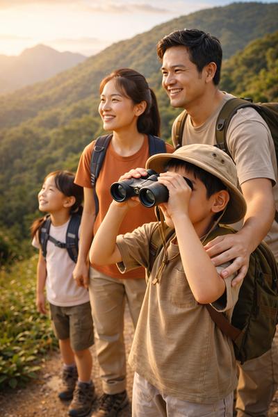 Gia đình mang ống nhòm đi du lịch biển giúp bé khám phá thiên nhiên