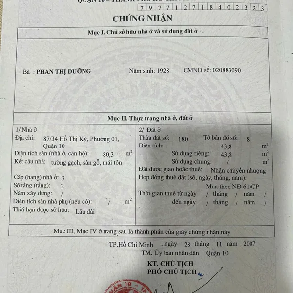Bán nhà hẻm xe hơi 87 Hồ Thị Kỷ, Phường 1, Quận 10, HCM