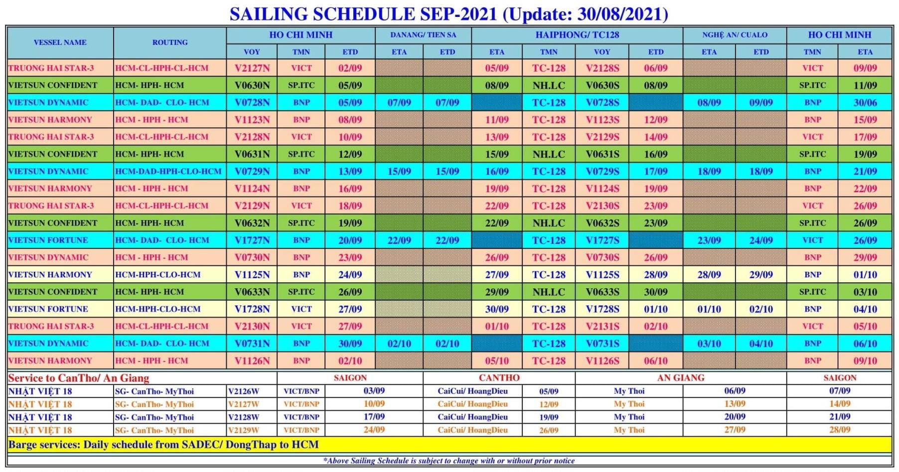 Lịch tàu container nội địa tháng 9-2021 Lịch tàu container nội địa tháng 9-2021