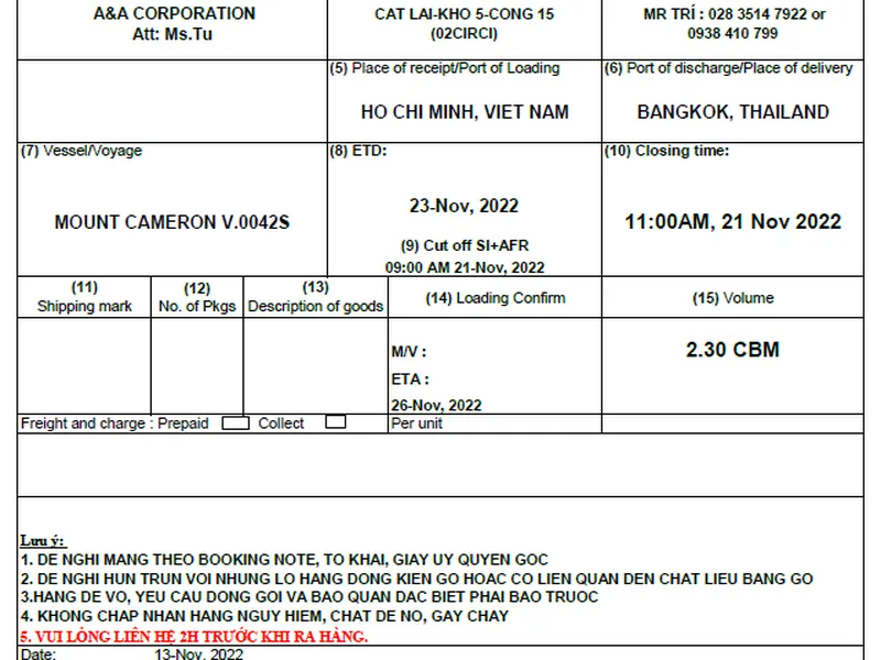 Form Mẫu Booking Gửi Hàng Lẻ LCL