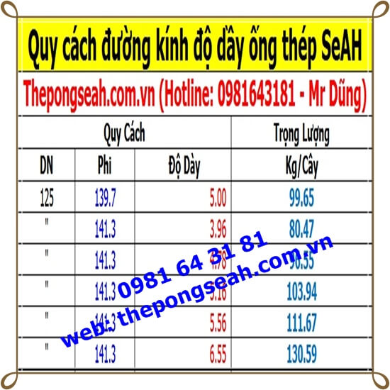 Quy cách khối lượng ống thép seah DN125 ( phi 141) Quy cách khối lượng ống thép seah DN125 ( phi 141)