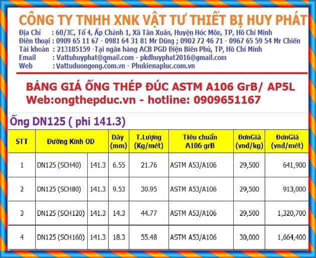Bảng giá ống thép đúc DN125 phi 141 Bảng giá ống thép đúc DN125 phi 141
