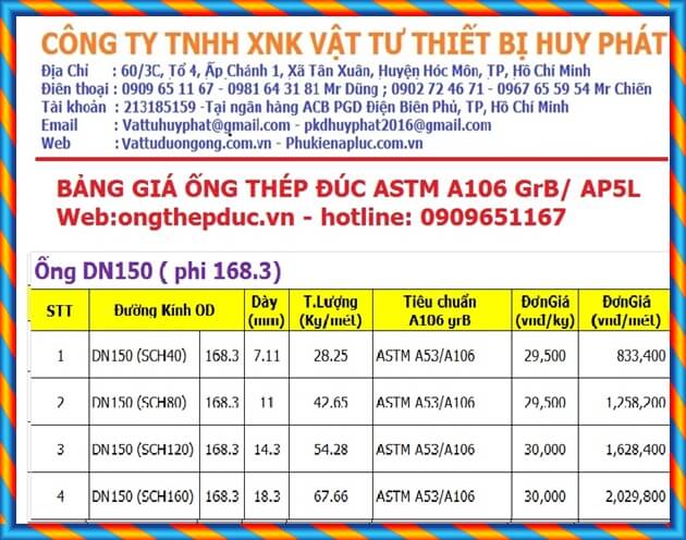 Bảng giá ống thép đúc DN150 phi 168 Bảng giá ống thép đúc DN150 phi 168