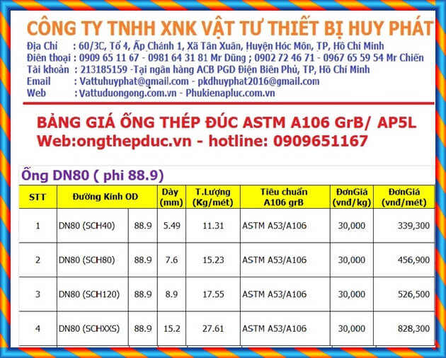 Bảng giá ống thép đúc phi 90 Bảng giá ống thép đúc phi 90