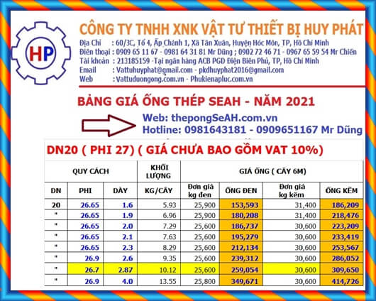 Bảng giá ống thép SeAH phi 27 Bảng giá ống thép SeAH phi 27