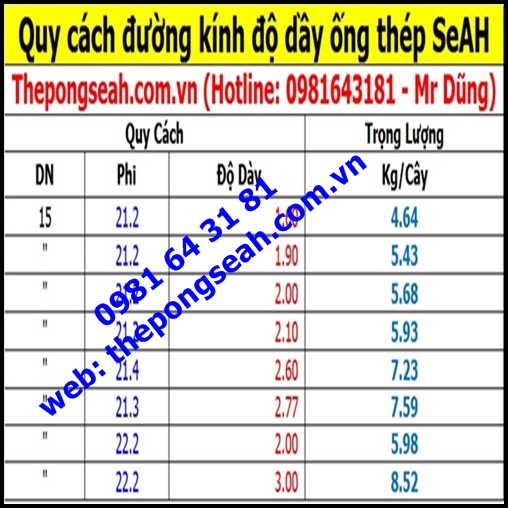 Quy cách khối lượng ống thép seah DN15 ( phi 21) Quy cách khối lượng ống thép seah DN15 ( phi 21)|
