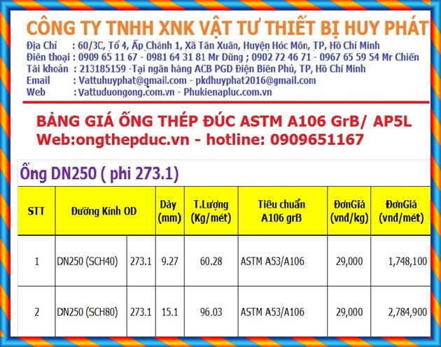 Bảng giá ống thép đúc A106/AP5L/A53 DN250 ( phi 273) Bảng giá ống thép đúc A106/AP5L/A53 DN250 ( phi 273)