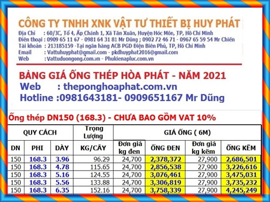 Bảng giá ống thép Hòa Phát phi 168 Bảng giá ống thép Hòa Phát phi 168