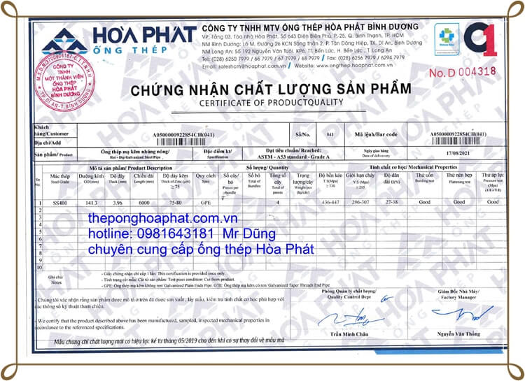 chứng chỉ chất lượng ống thép mạ kẽm hòa phát chứng chỉ chất lượng ống thép mạ kẽm hòa phát|