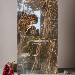 Gạch Đá 40x80 Ốp Tường Khắc Kim nhũ vàng đen vân cam KS4827