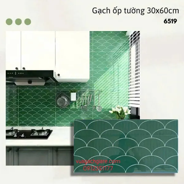 Gạch Men 30x60 Ốp Tường Trang Trí vảy cá màu xanh lá đậm 6519