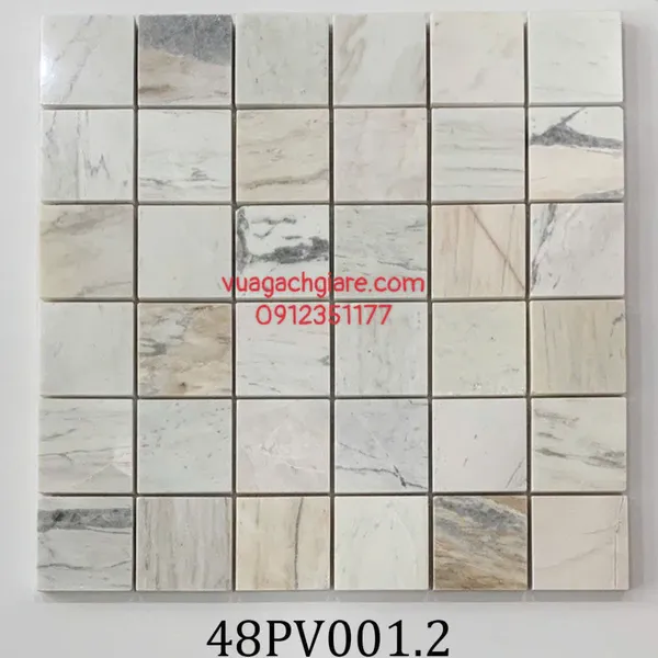 Gạch Mosaic Đá Tự Nhiên Ốp Dán Trang Trí vân đá màu trắng 48PV002 - 48PV001.2