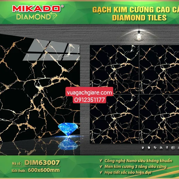 Gạch Đá 60x60 Ốp Lát Mikado Giá Rẻ đen vân cam DIM63007