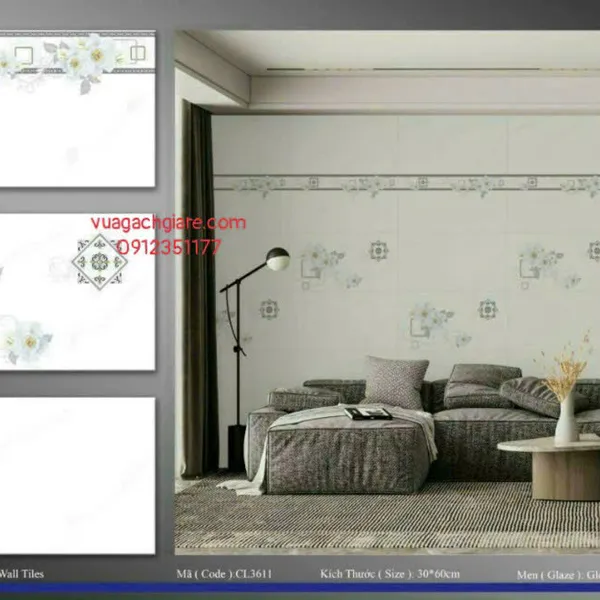 Gạch Men 30x60 Ốp Tường Giá Rẻ trắng vân khói CL3611