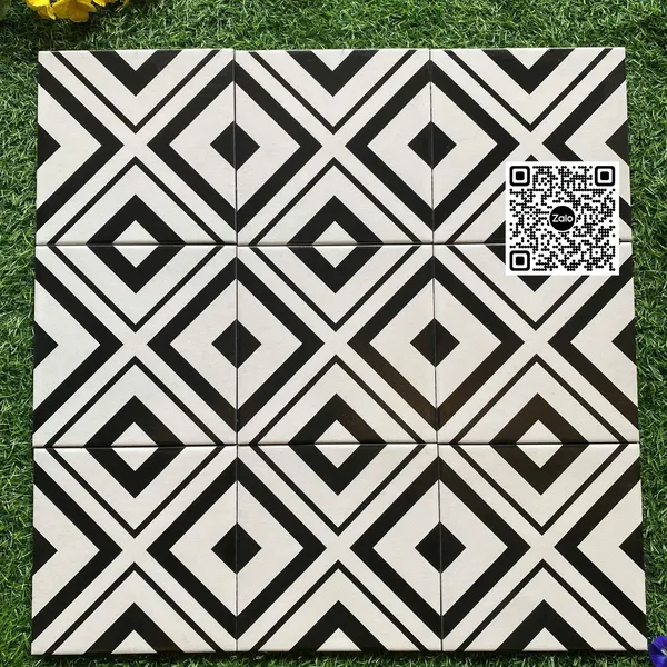 Gạch Bông 20x20 Ốp Lát Trang Trí tam giác trắng viền đen