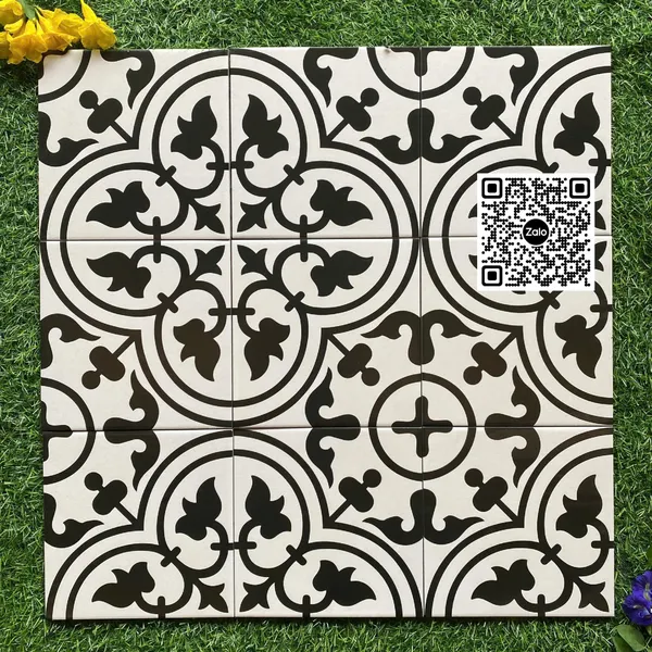 Gạch Bông 20x20 Ốp Lát Trang Trí trắng hoa văn đen