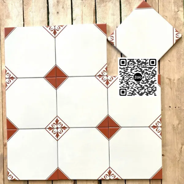 Gạch Bông 20x20 Ốp Lát Trang Trí trắng nhấn 4 góc đỏ