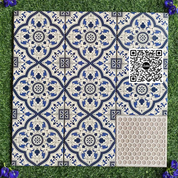 Gạch Bông 20x20 Ốp Lát Trang Trí trắng viền đen xanh dương