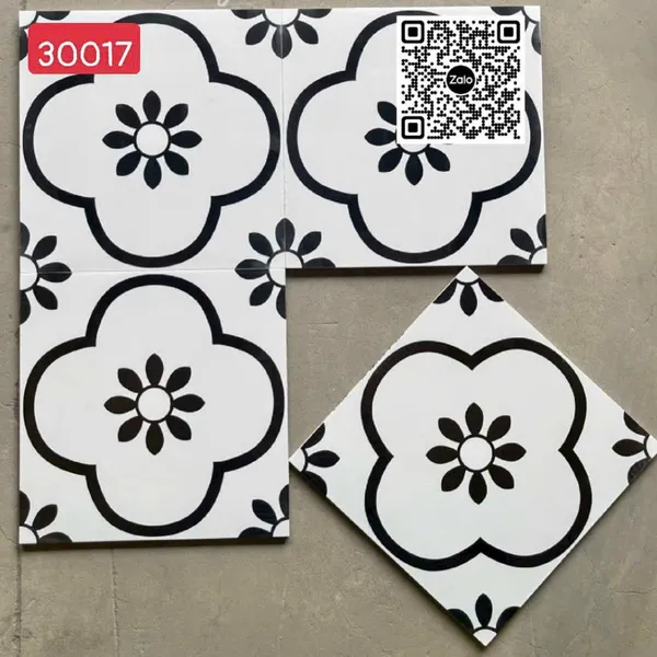 Gạch Bông 30x30 Ốp Lát Trang Trí bông hoa trắng đen 30017