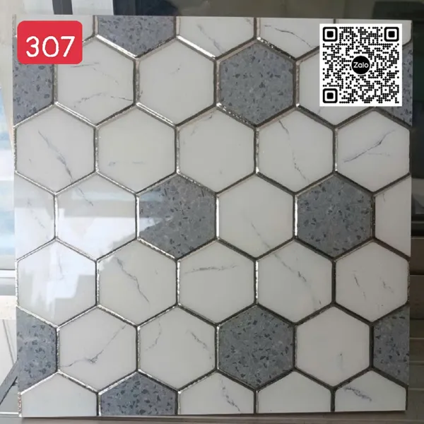 Gạch Khắc Kim 30x30 Cao Cấp nhũ bạc lục giác trắng xám 307