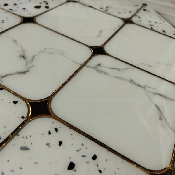 Gạch Trang Trí Khắc Kim 30x30 Trung Quốc trắng khói viền giả hoa cương nhũ vàng 30024
