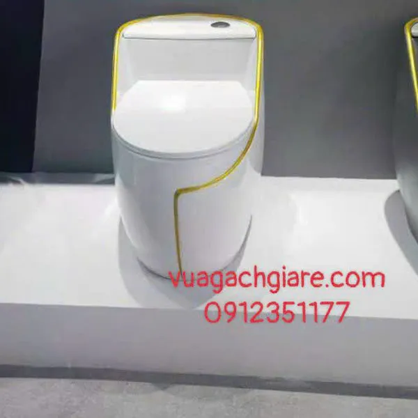 Bồn Cầu Trứng Liền Khối Giá rẻ màu xám - trắng - đen viền vàng