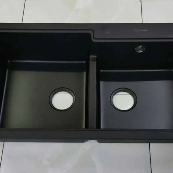 Chậu Rửa Chén Bằng Đá 2 ngăn lớn nhỏ màu đen 8648