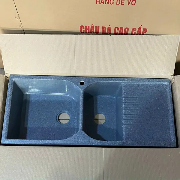Chậu Rửa Chén Bằng Đá 2 ngăn lớn nhỏ màu đen - màu xám 10048