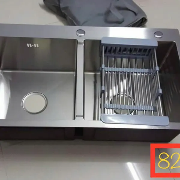 Chậu Rửa Chén Inox 304 đôi 2 ngăn vuông kệ dao thớt 8245
