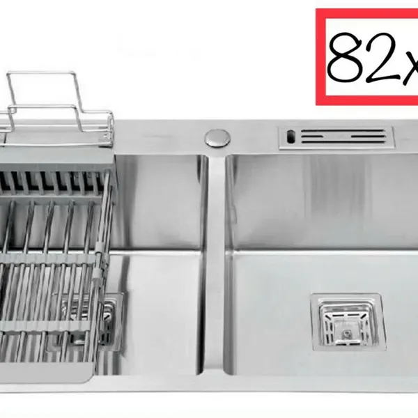 Chậu Rửa Chén Inox 304 đôi 2 ngăn vuông kệ dao thớt 8245