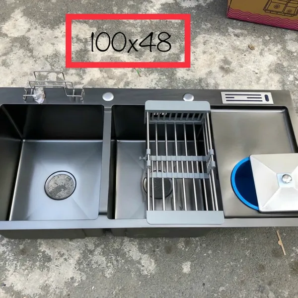 Chậu Rửa Chén Inox 304 đôi 2 ngăn cánh thùng rác 10048