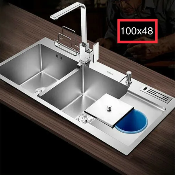 Chậu Rửa Chén Inox 304 đôi 2 ngăn cánh thùng rác 10048