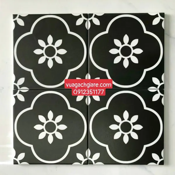 Gạch Bông 20x20 Ốp Lát Trang Trí Giá Rẻ bông hoa đen viền trắng