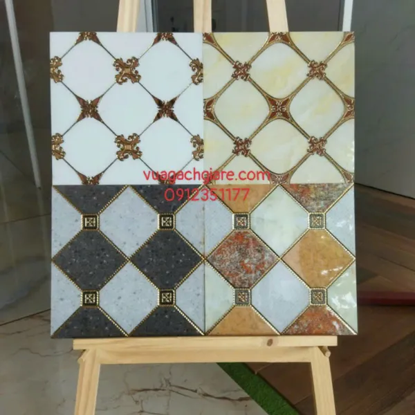 Gạch Khắc Kim 30x30 Cao Cấp nhũ vàng trắng viền vàng 361