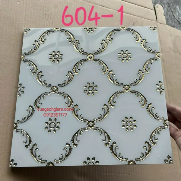 Gạch Khắc Kim 30x30 Cao Cấp nhũ vàng trắng viền vàng 604 - 1