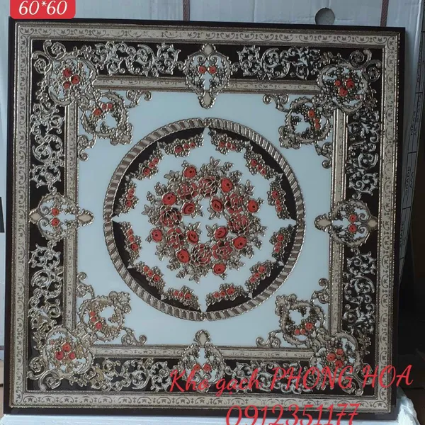 Gạch Đá Chiếu Nghỉ Cầu Thang Khắc Kim 60x60 họa tiết vòng hoa