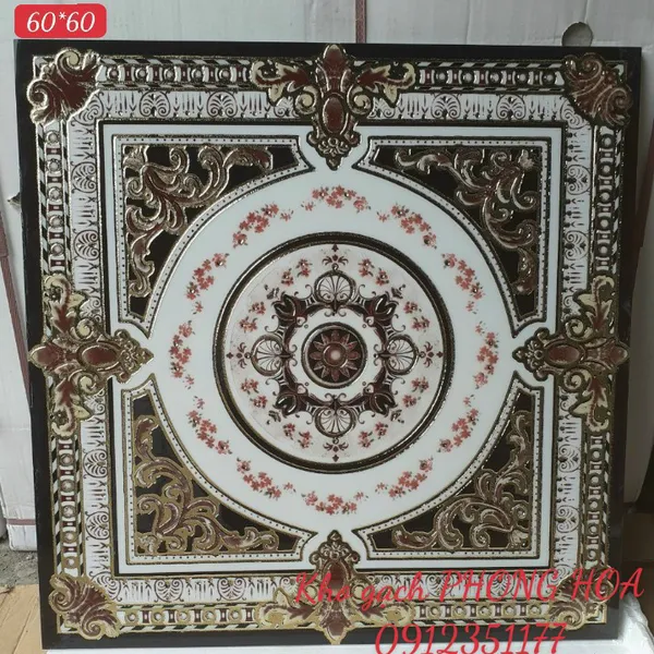 Gạch Đá Chiếu Nghỉ Cầu Thang Khắc Kim 60x60 họa tiết hoa