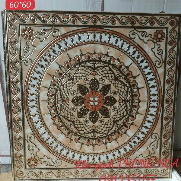 Gạch Đá Chiếu Nghỉ Cầu Thang Khắc Kim 60x60 họa tiết vàng