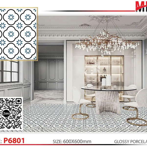 Gạch Bông 60x60 Ốp Lát Trang Trí Pancera đen trắng P6801