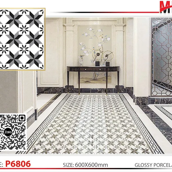 Gạch Bông 60x60 Ốp Lát Trang Trí Pancera đen trắng xám P6806