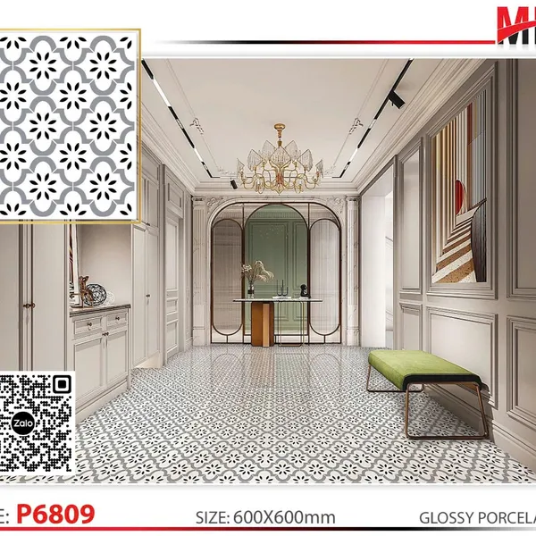 Gạch Bông 60x60 Ốp Lát Trang Trí Pancera đen xám P6809