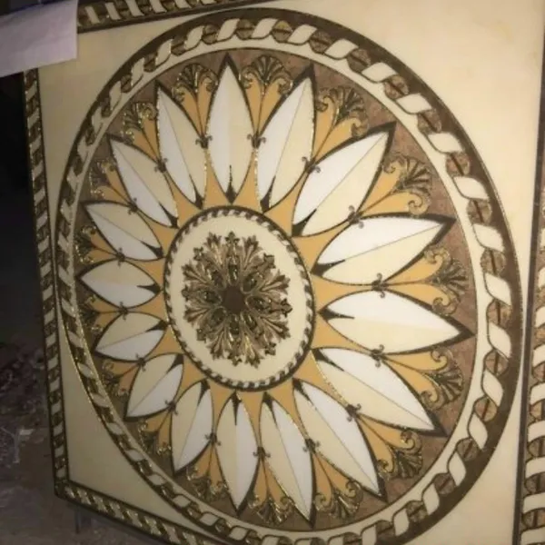 Gạch Đá Chiếu Nghỉ Cầu Thang Khắc Kim 80x80 họa tiết bông hoa