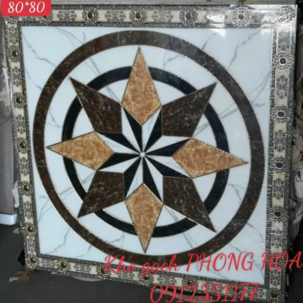 Gạch Đá Chiếu Nghỉ Cầu Thang Khắc Kim 80x80 họa tiết ngôi sao