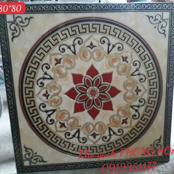 Gạch Đá Chiếu Nghỉ Cầu Thang Khắc Kim 80x80 họa tiết vòng tròn