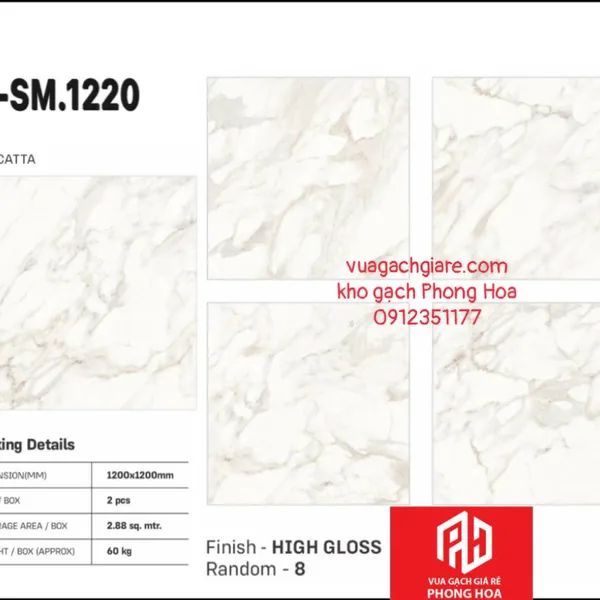 Gạch Đá Ốp Lát 120x120 Cao Cấp Ấn Độ trắng vân mây VA-SM.1220