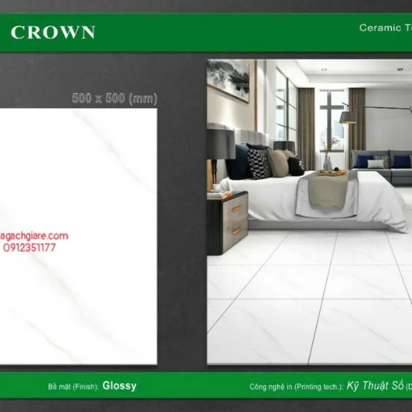 Gạch Men 50x50 Lát Nền Crown Giá Rẻ trắng vân khói CRH5502